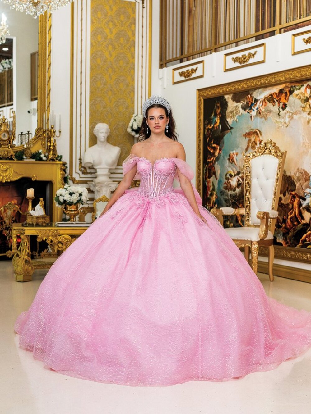 NEW PINK Tulle & Glitter Off Shoulder Quinceanera Ball Gown Floor Length 5040